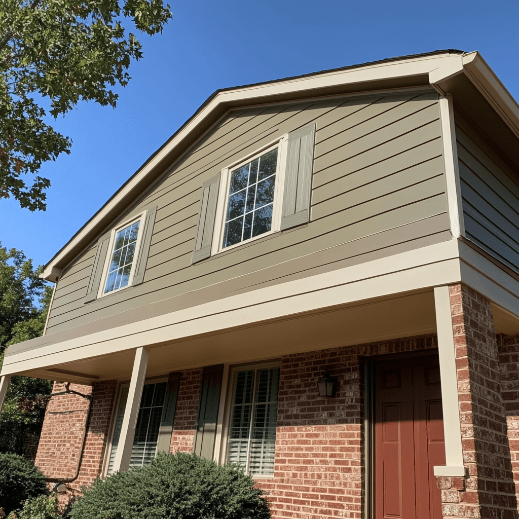 Two-story brick house with tan siding, white trim, and a covered front porch under a blue sky