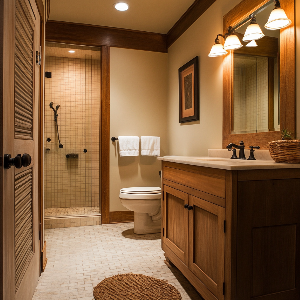 Warm bathroom with shower, toilet, and wooden vanity lit by pendant lights.