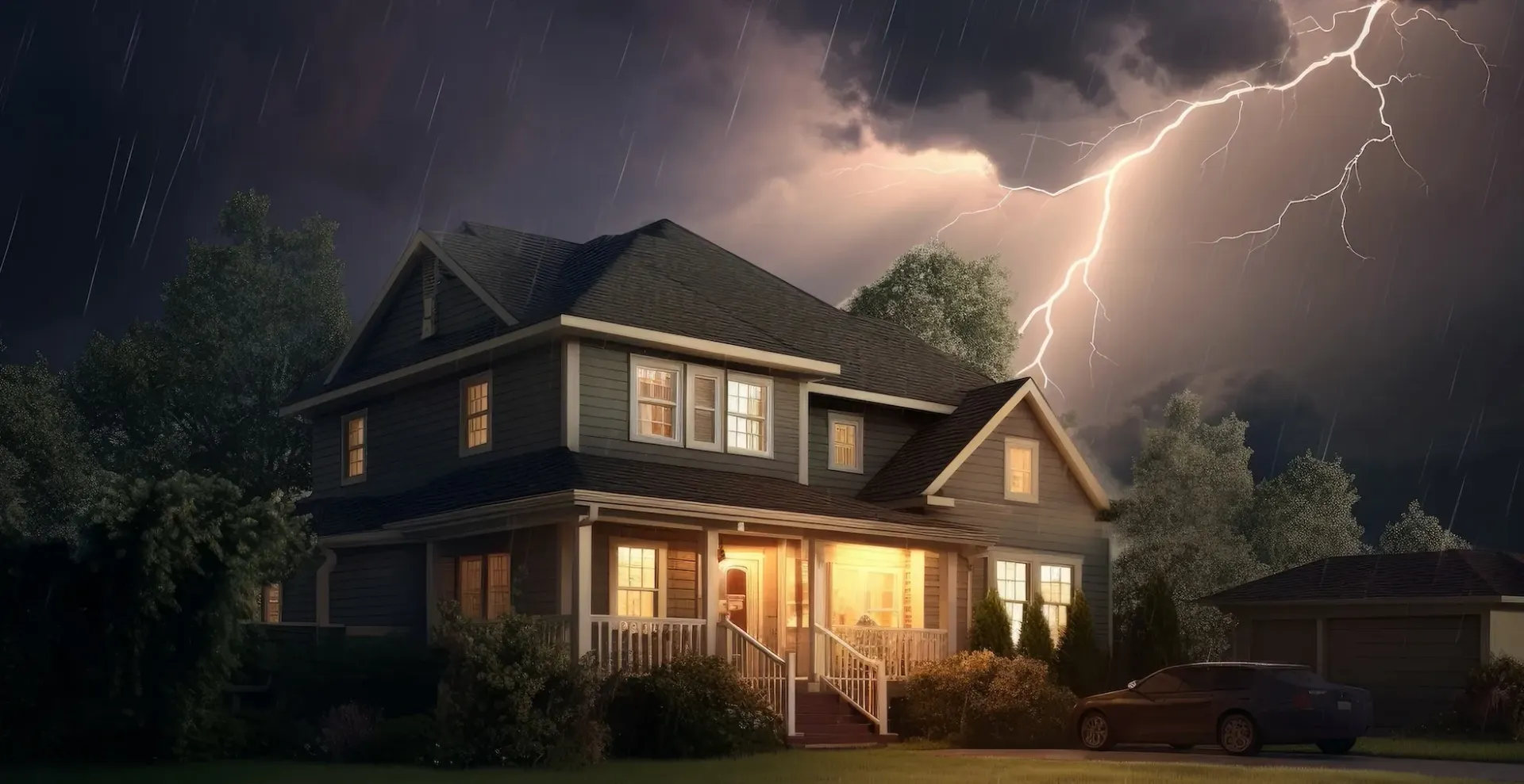 Dark house at night with porch lights on during a lightning storm