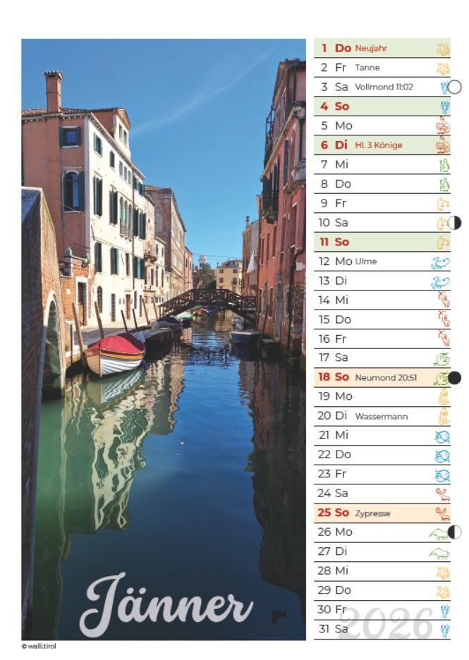 Ein venezianischer Kanal mit Gondel und farbenfrohen Gebäuden, daneben ein Januar-Kalenderblatt mit dem Text „Jänner“.