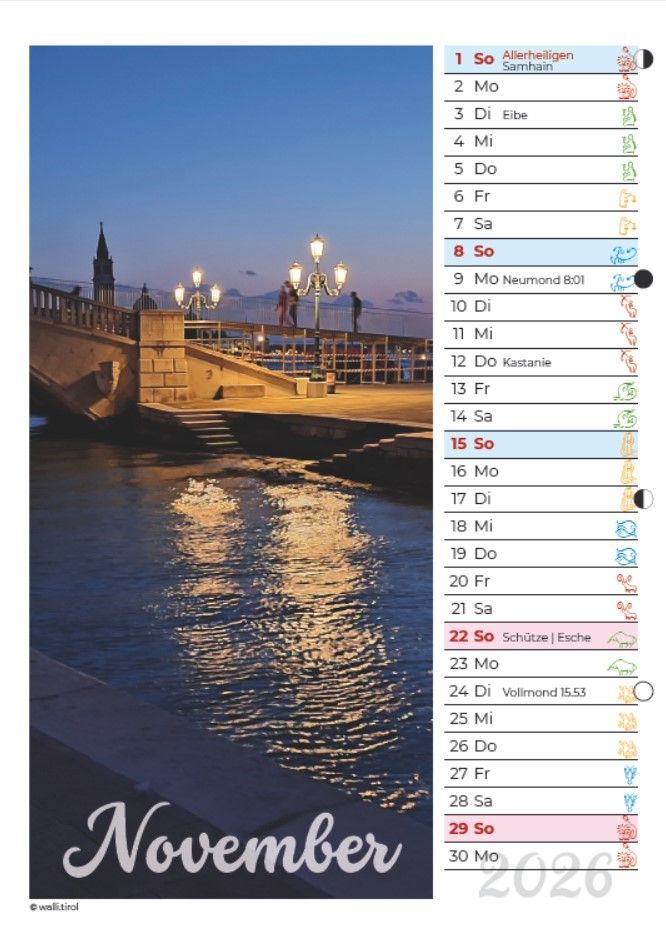 Kalender für November 2026 mit einer nächtlichen Fluss- und Brückenszene auf der linken Seite