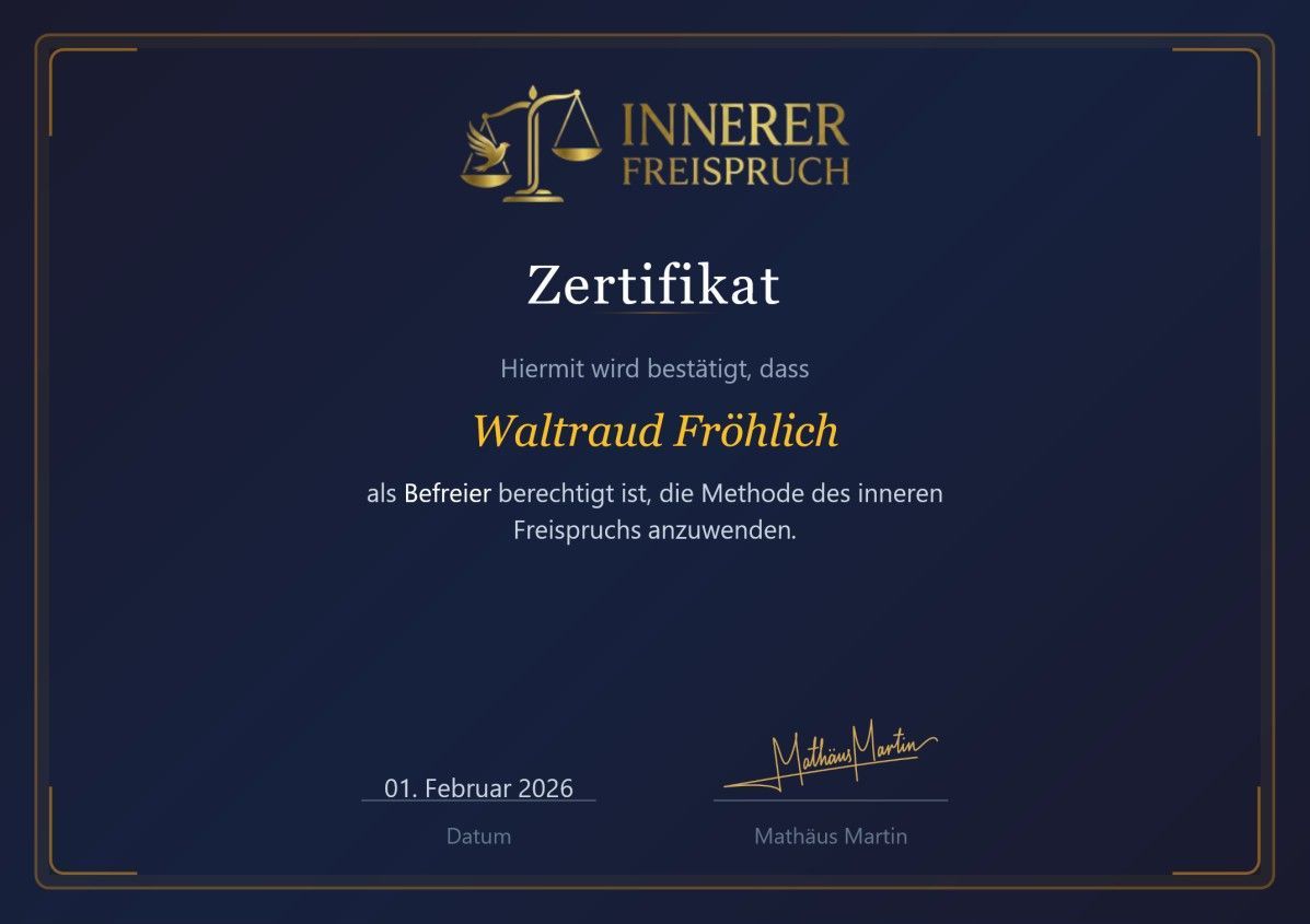 Dark blue certificate with gold border and “Innerer Freispruch” logo, awarded to Wilhelm Fröhlich.