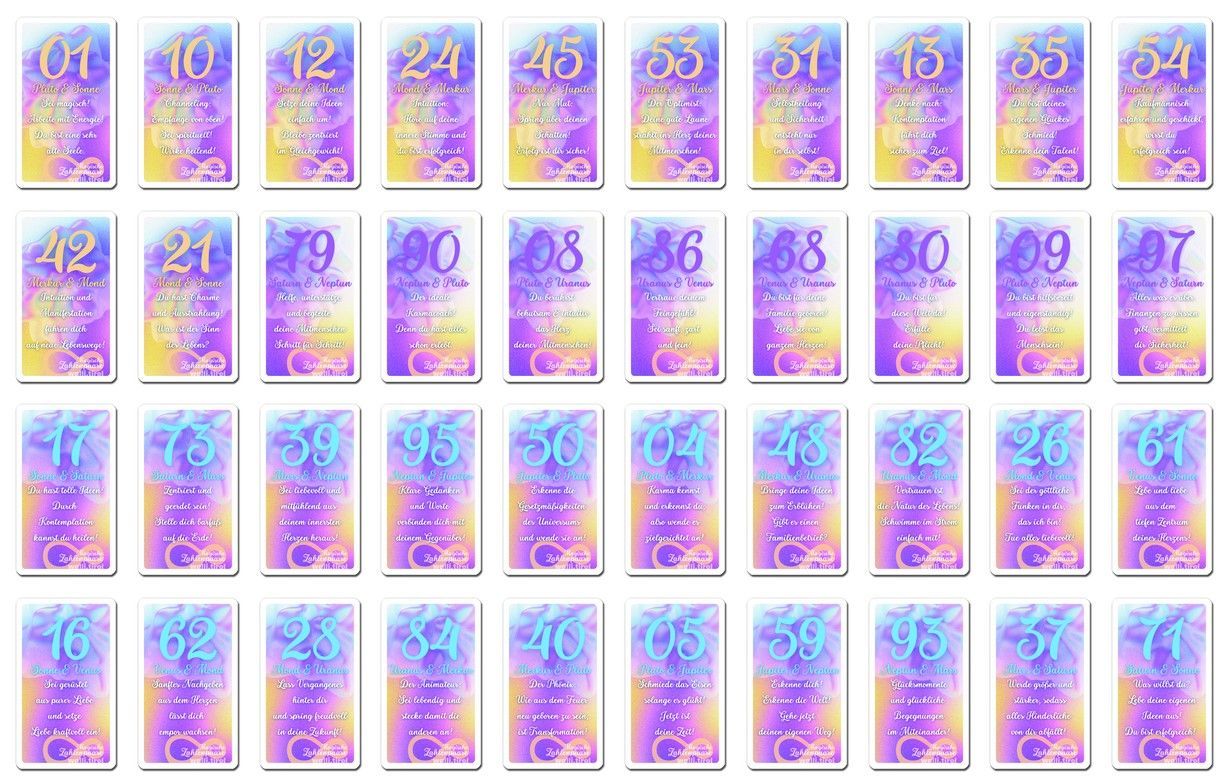 Raster aus farbenfrohen Tarotkartenrückseiten mit leuchtenden Kreismustern und Zahlen auf jeder Karte