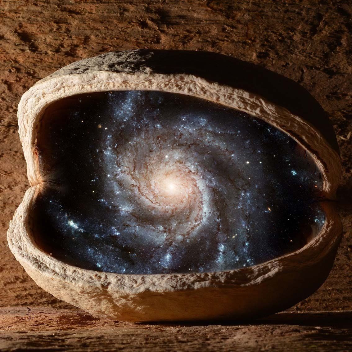 In einer zerbrochenen Steinschale auf einer Felsoberfläche ist eine Spiralgalaxie zu sehen.