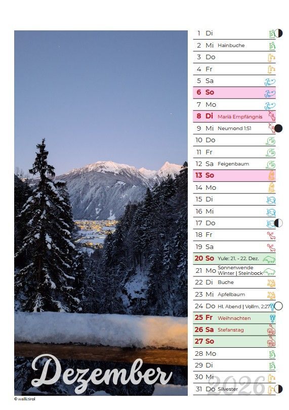 Dezember-Kalenderseite mit verschneiter Berglandschaft und Kiefern unter blauem Himmel