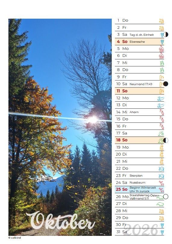 Oktober-Kalenderseite mit strahlend blauem Himmel, Sonne durch herbstliche Bäume und handgeschriebenem „Oktober“ am unteren Rand.