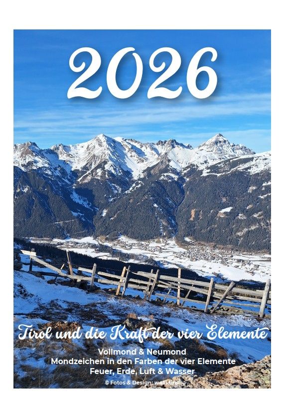 2026 calendar cover with snowy mountains and blue sky, titled “Trubel und die Welt der Elemente”