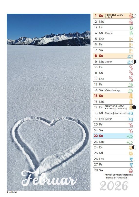 Verschneites Feld mit einem in den Schnee gezeichneten Herz und dem Wort „Februar“ auf einem Kalenderblatt für 2026.