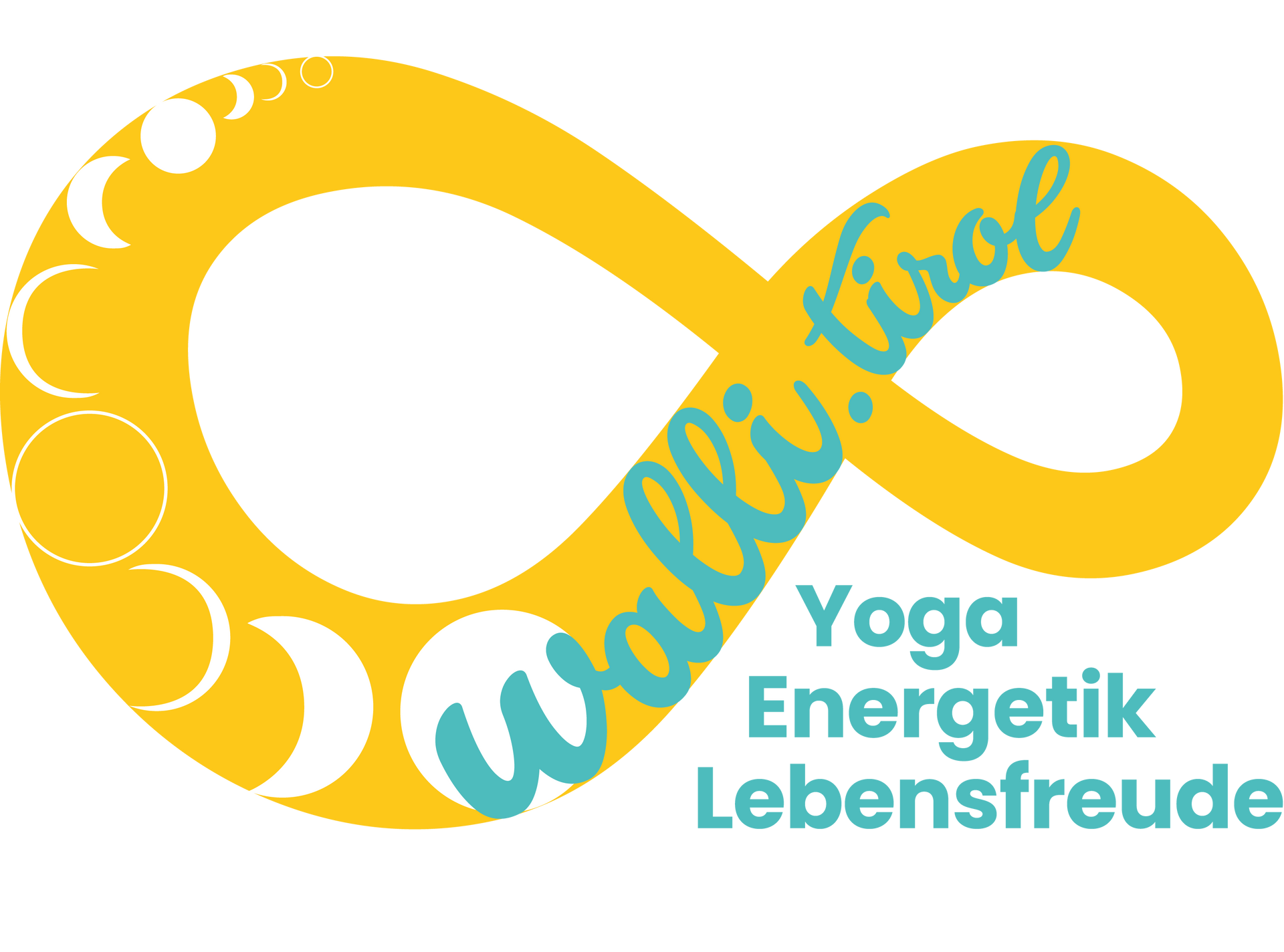 Gelbes, unendlichkeitsförmiges Logo mit blauer Schrift „walli.tirol“ und dem Text „Yoga Energetik Lebensfreude“