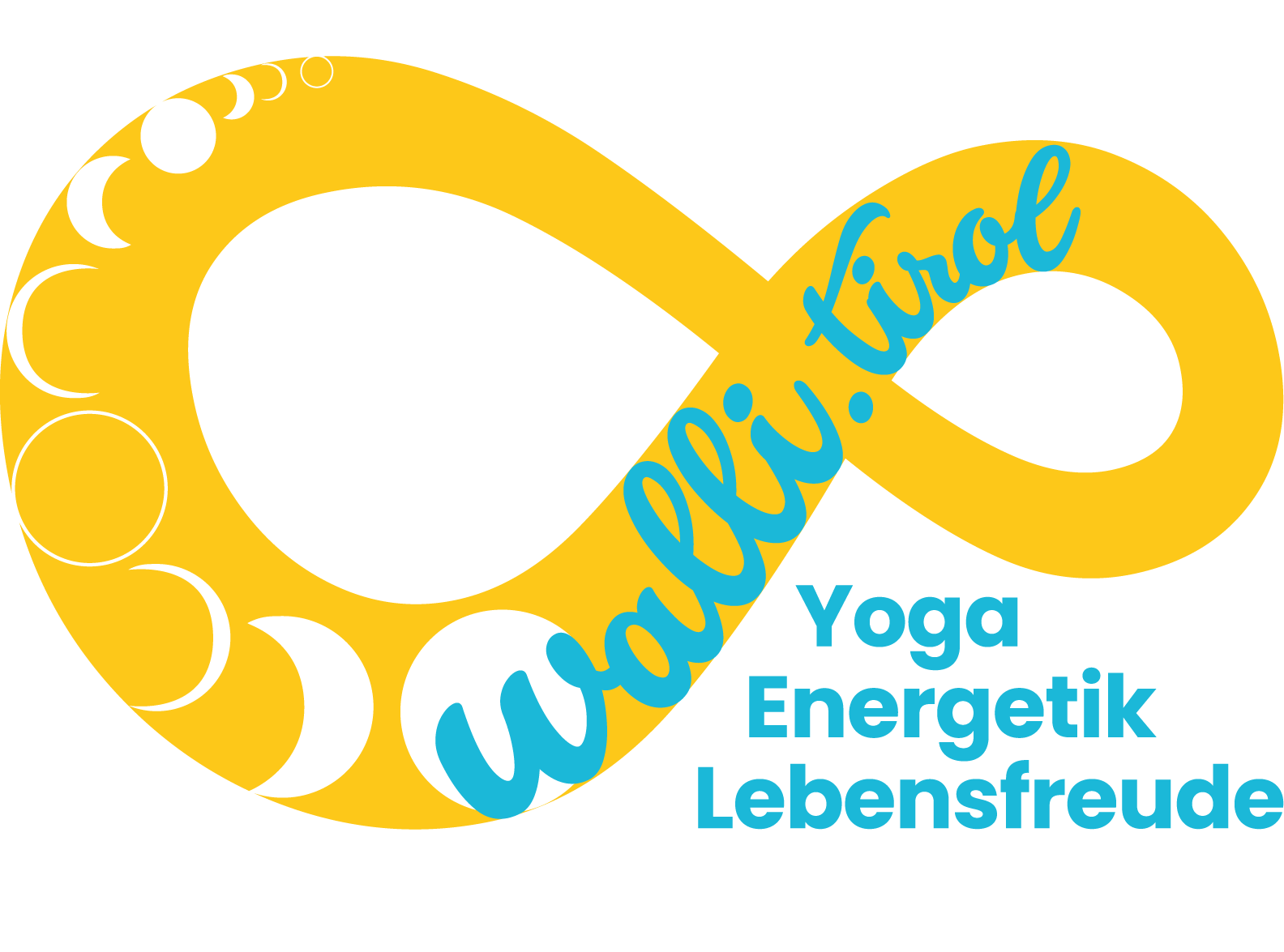 Gelbes, unendlichkeitsförmiges Logo mit blauer Schrift „walli.tirol“ und dem Text „Yoga Energetik Lebensfreude“