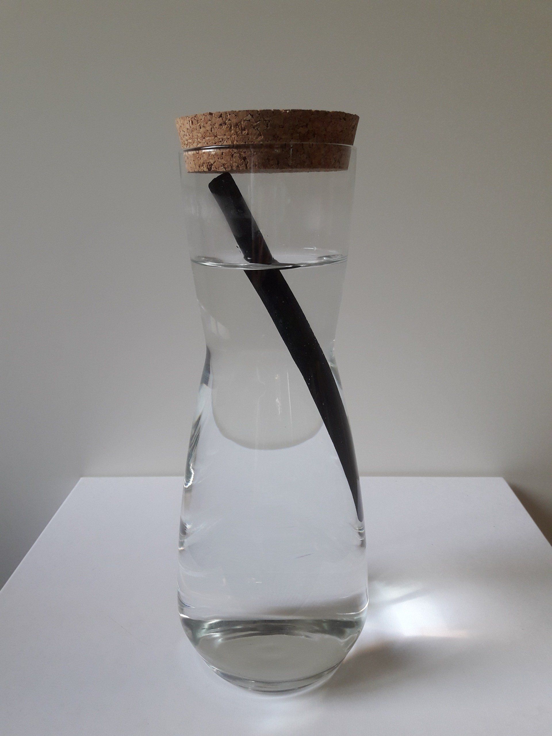 Glasflasche mit Wasser und einem schwarzen Strohhalm, mit einem Korken verschlossen.