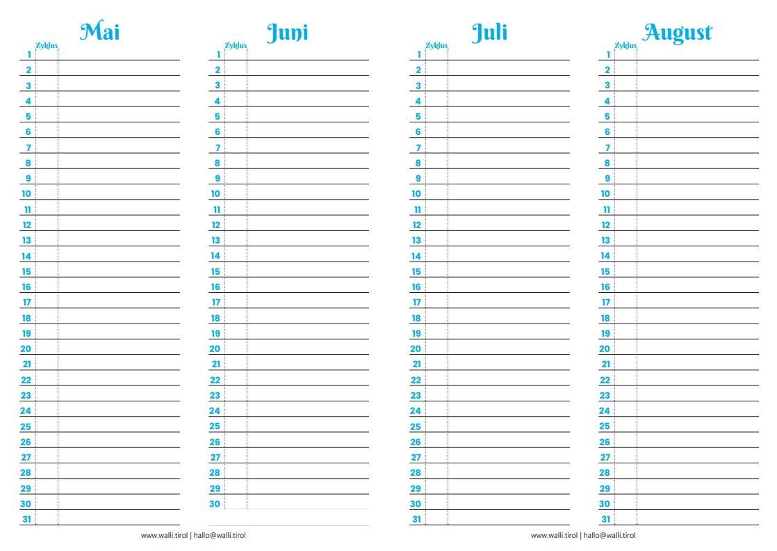 Leere Planerseiten für vier Monate, beschriftet mit Mai, Juni, Juli und August, mit Linien für Einträge und blauen Akzenten