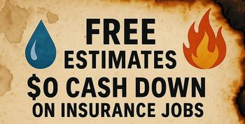 Advertisement for insurance jobs with water droplet and fire icon, offering free estimates and no cash down.