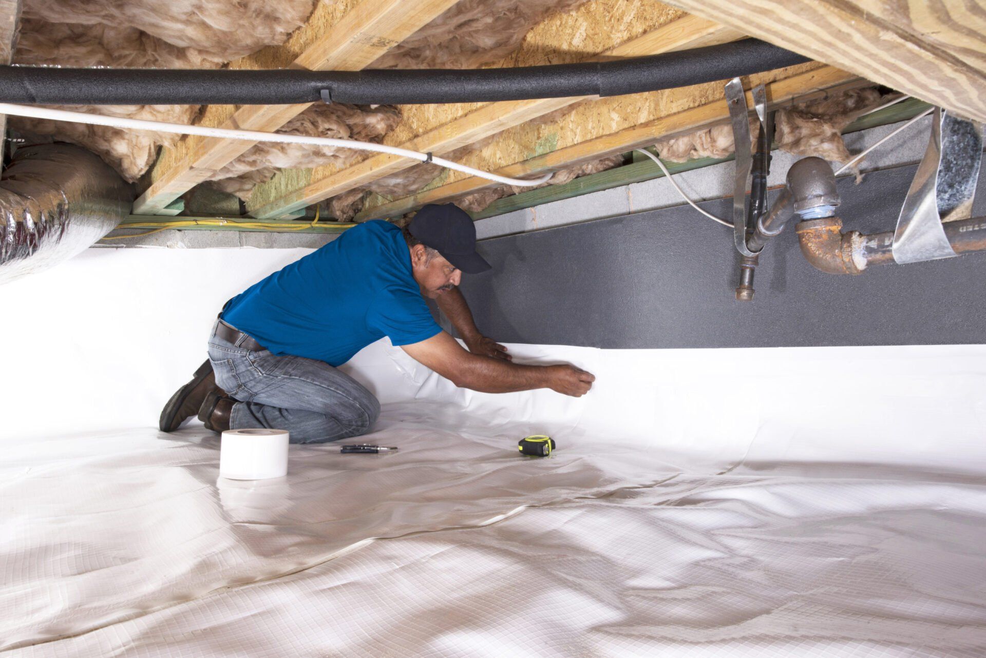 Man kneeling in crawl space, installing white vapor barrier. Blue shirt, measuring tape.