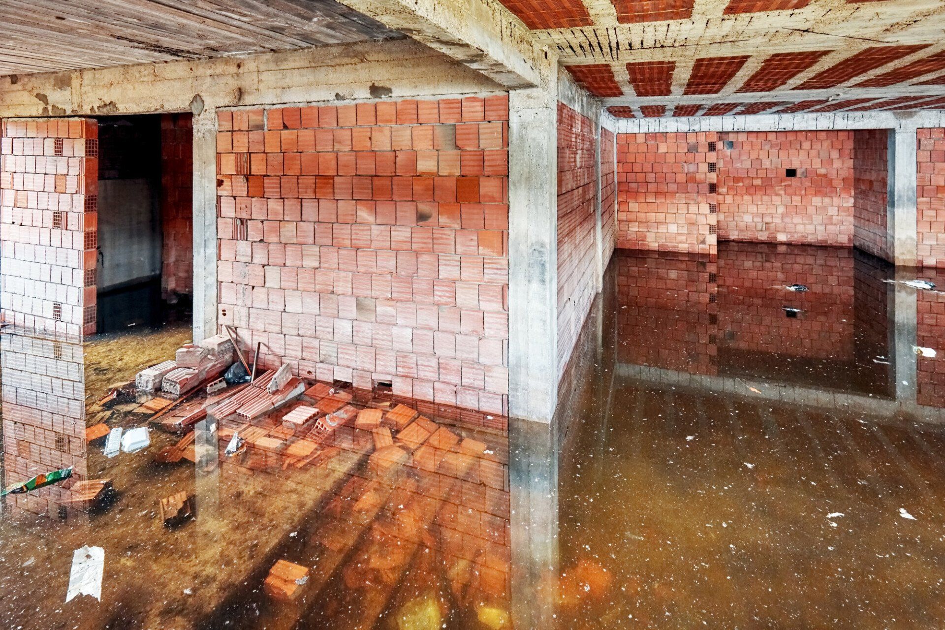 Interior of a flooded unfinished brick building with standing water, debris, and exposed construction.