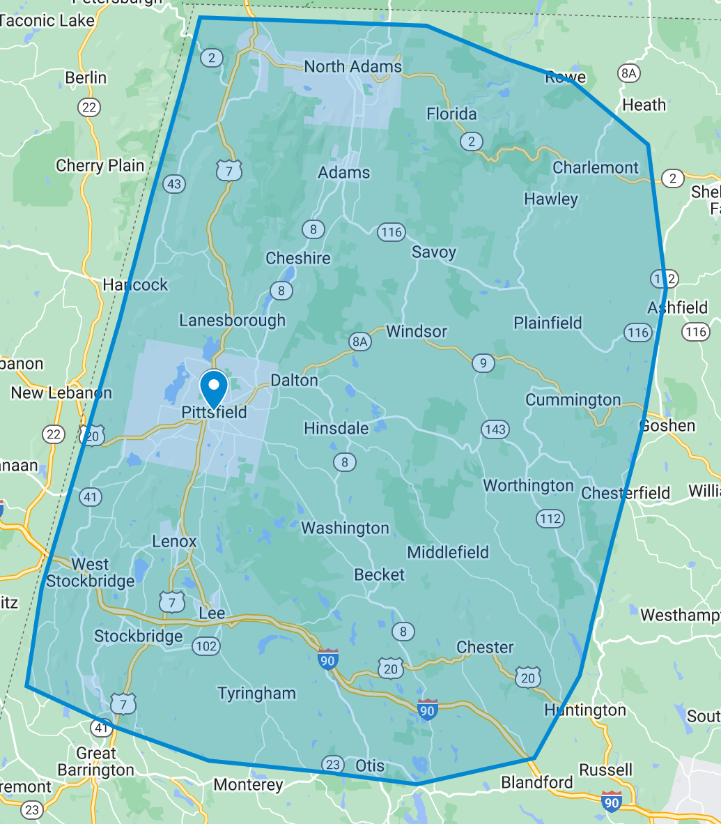 Map of western Massachusetts highlighted with a blue polygon shape, centered on the city of Northampton.