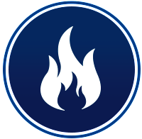 White flame symbol inside a dark blue circle, indicating a fire hazard.