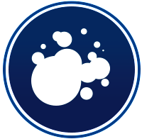 White bubbles on a dark blue background within a blue circle.