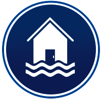 Blue circle with white icon of a house partially submerged in wavy water, indicating flood risk.