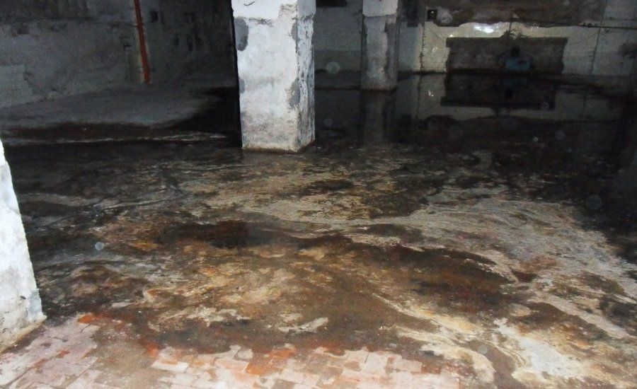Flooded, grimy basement; water covers floor, reflecting dim light. Concrete pillars and walls.