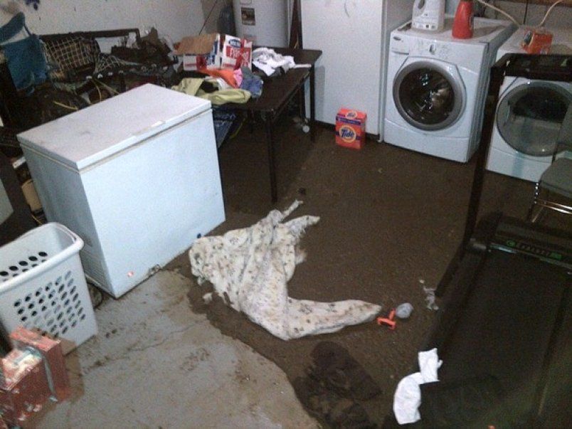 Flooded basement with a freezer, washing machines, laundry basket, and debris on the wet floor.