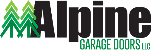 A logo for alpine garage doors llc with trees on it.