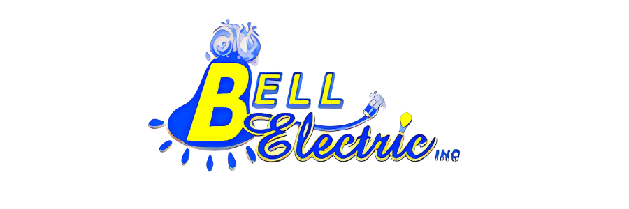 A blue and yellow bell electric logo on a white background