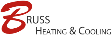 The logo for russ heating and cooling is red and black
