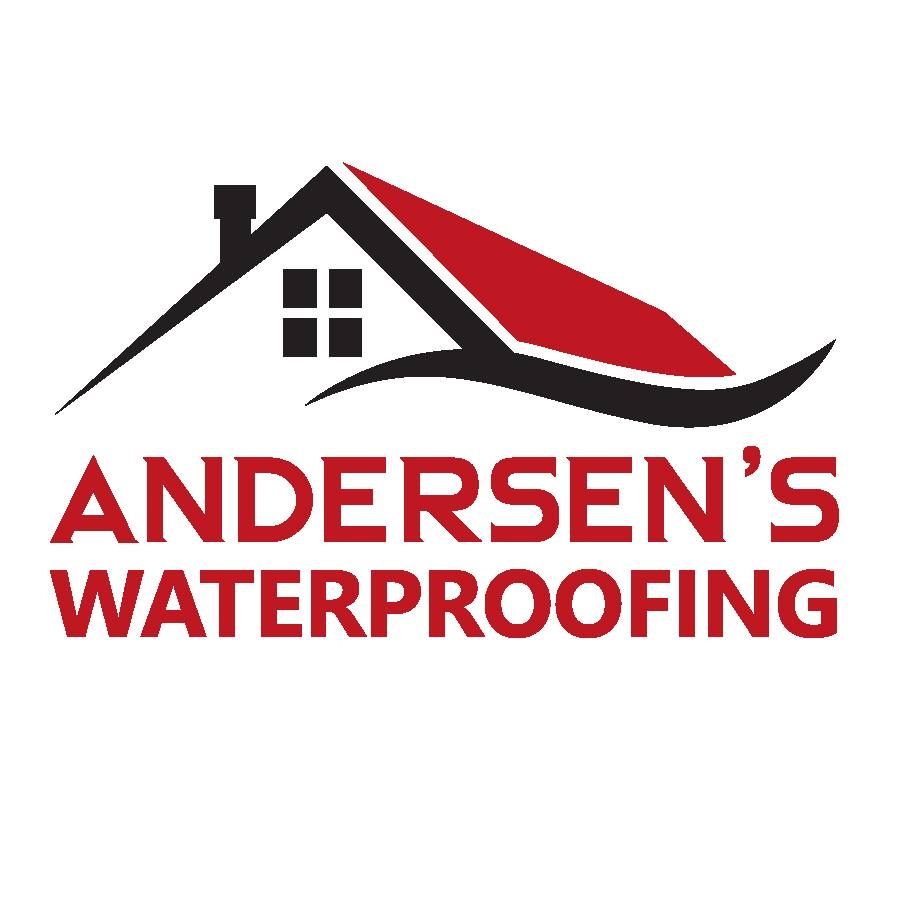 The logo for andersen 's waterproofing shows a house with a red roof.