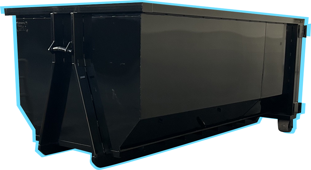 Black rectangular metal dumpster container with side supports and open top