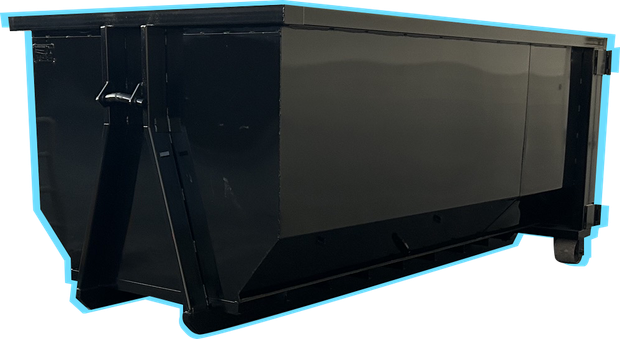 Black metal dumpster or storage container with hinged lid and support legs on a white background