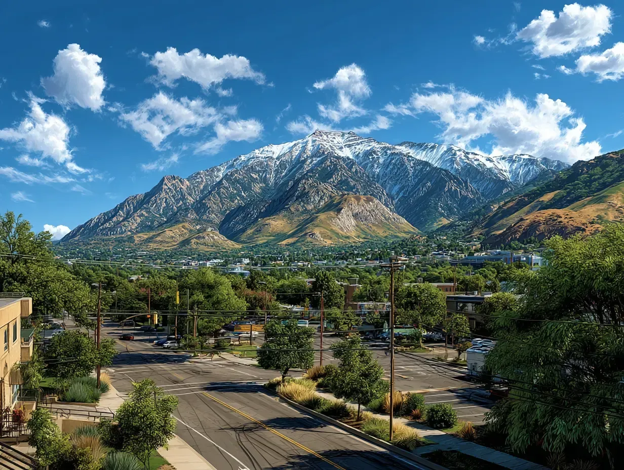 Snowy mountain range above a green town street under a bright blue sky with scattered clouds