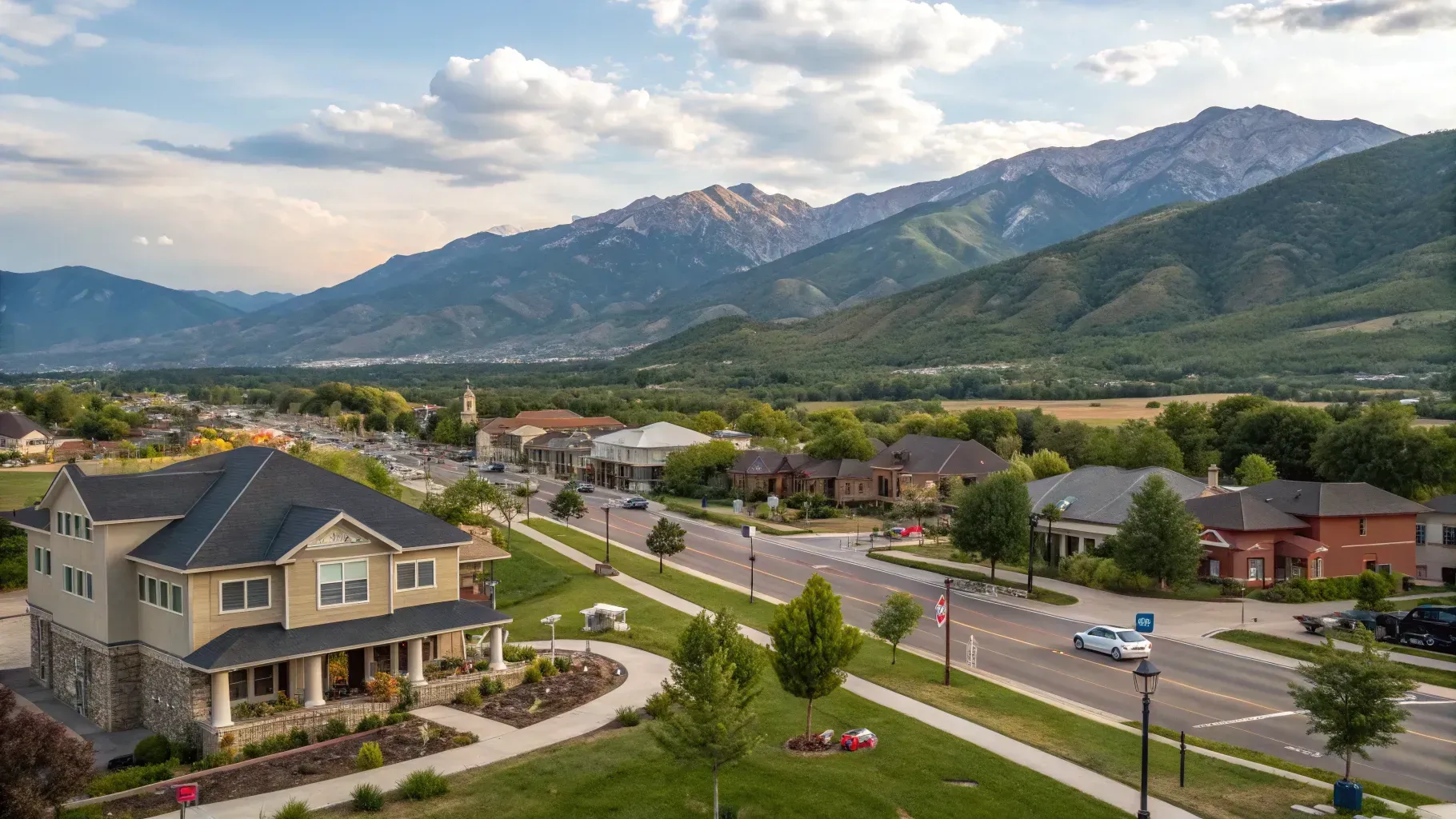 Suburban neighborhood street with houses and cars, backed by green mountains under a partly cloudy sky