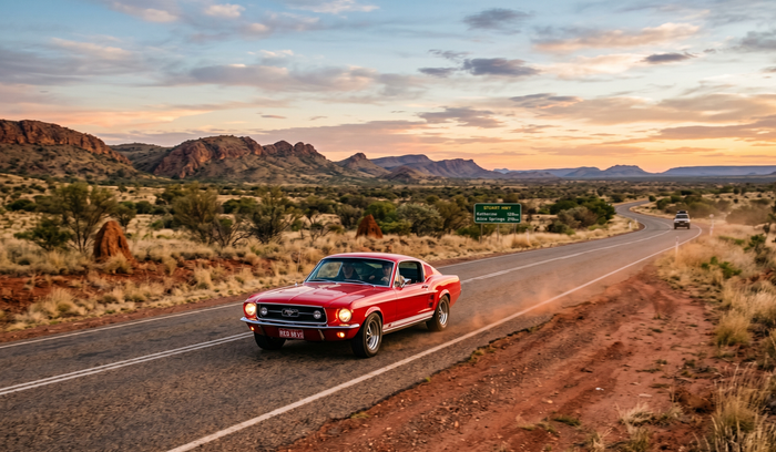 Red classic convertible driving on a desert highway at sunset, with mountains and sparse shrubs.