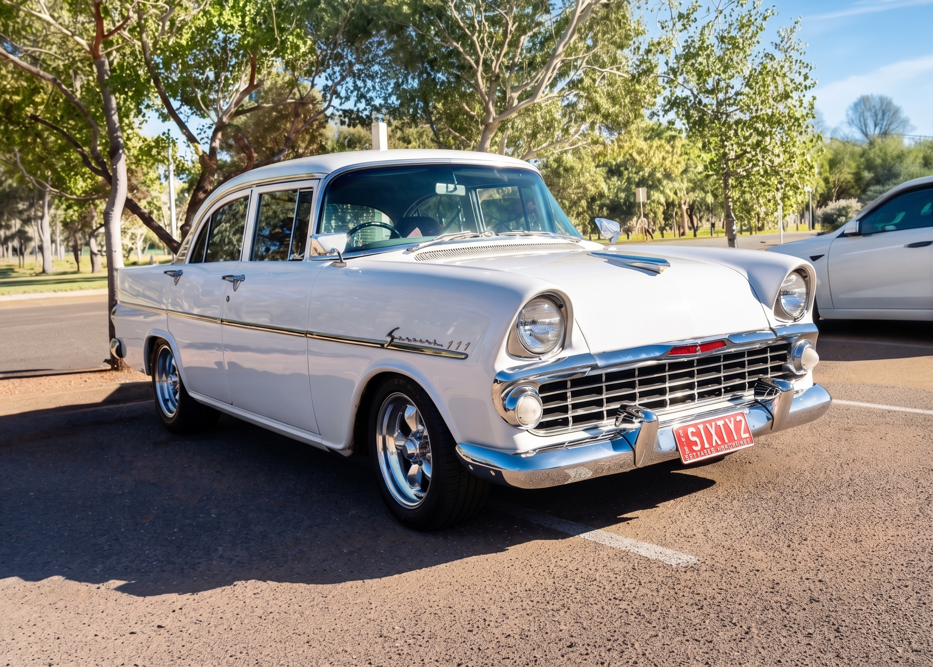 Classic white vintage car parked outdoors on a sunny street under trees