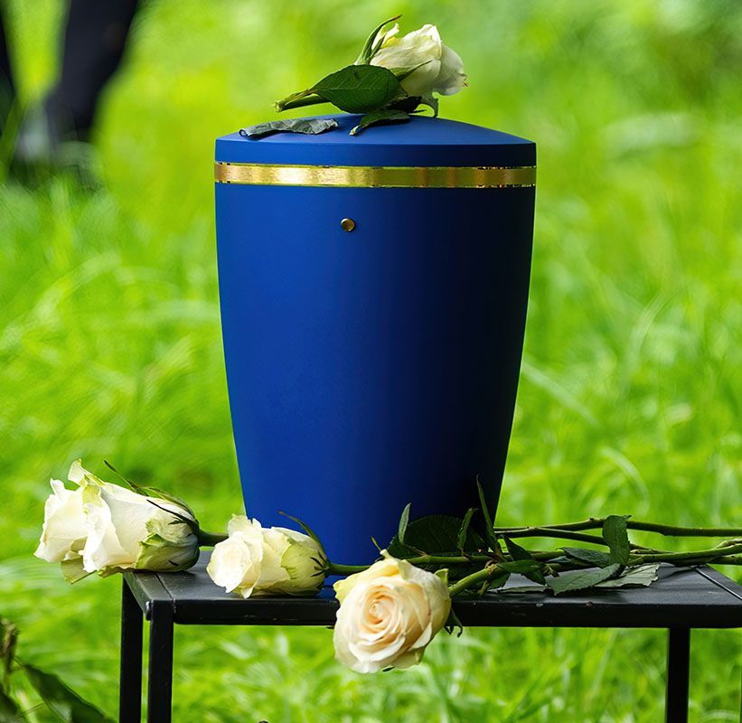 Blue urn with gold trim on a black table, decorated with white roses and a green butterfly on top