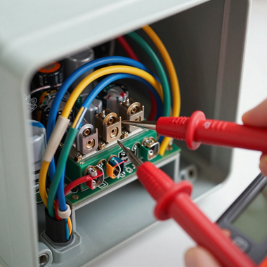 Red multimeter probes testing wiring inside an open electrical box with colorful cables.