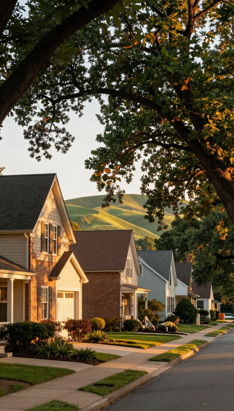 Tree-lined suburban street with row houses, sidewalks, and warm evening light