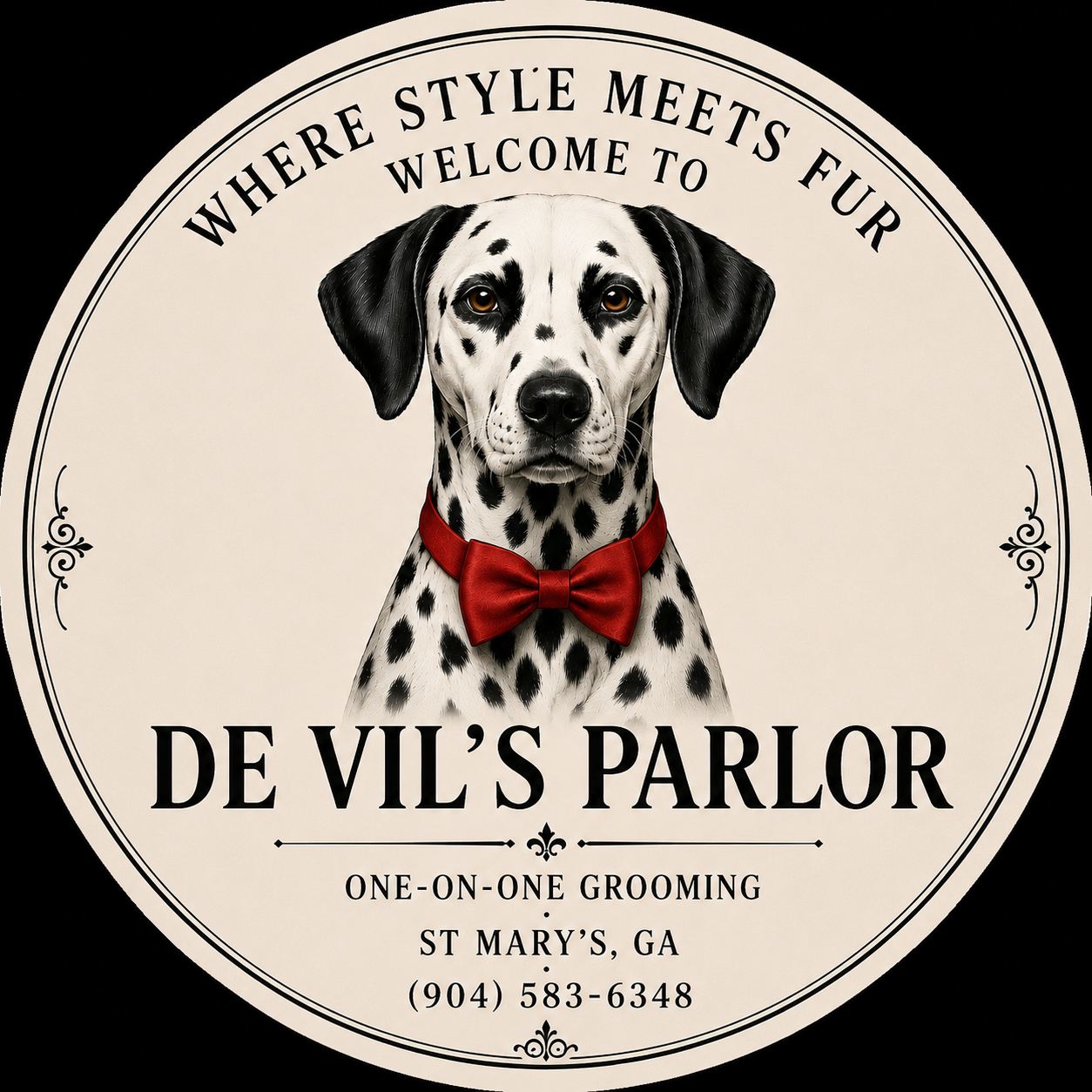 A dalmatian wearing a red bow tie next to a bottle of devil 's parlor perfume
