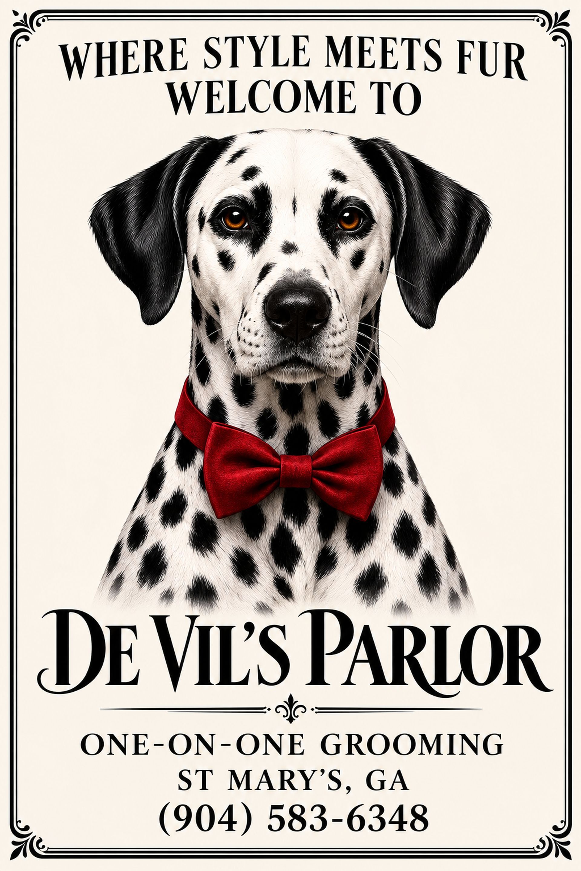 A dalmatian wearing a red bow tie next to a bottle of devil 's parlor perfume