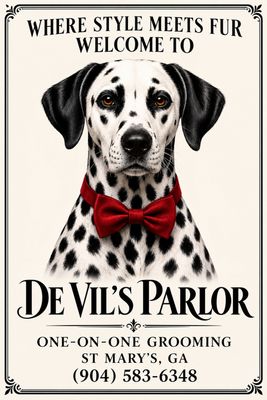 A dalmatian wearing a red bow tie next to a bottle of devil 's parlor perfume