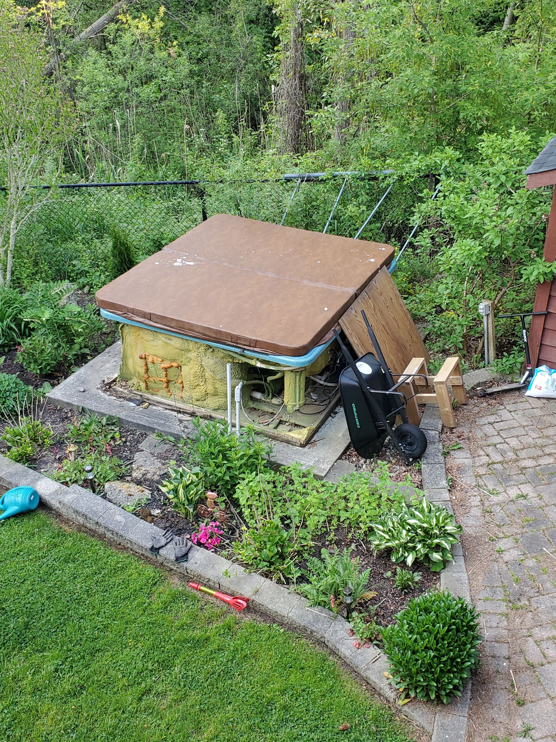 Small backyard shed with a brown roof, surrounded by garden beds, grass, and dense greenery.