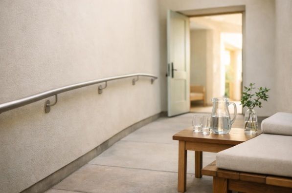 Sunlit accessible entrance with a bench, water pitcher, glasses, and a small leafy branch.