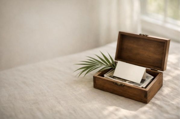 Open keepsake box with blank photographs, a folded card, and a palmetto frond beside a sunlit window