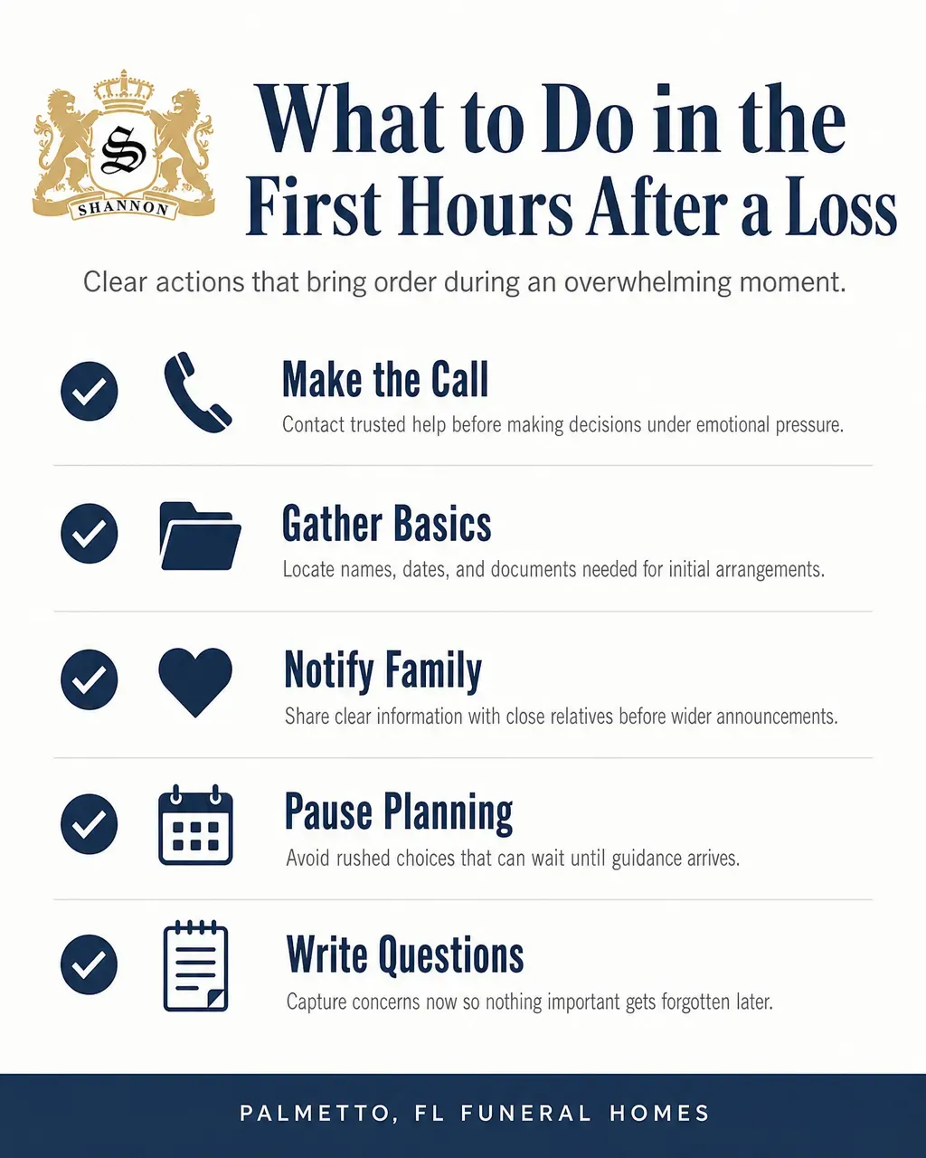 Palmetto, FL funeral home checklist lists five first-hour steps after a loss