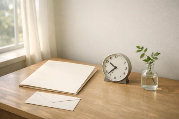 Blank folder, envelope, clock, and green sprig on a sunlit desk beside a window.