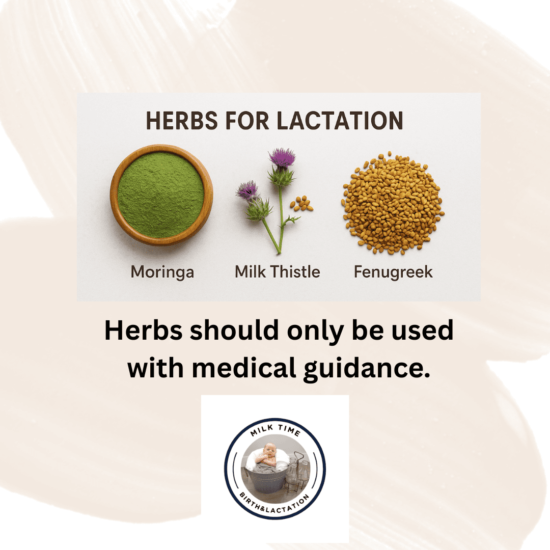 Herbs for lactation: moringa, milk thistle, fenugreek, with warning to use only under medical guidance.