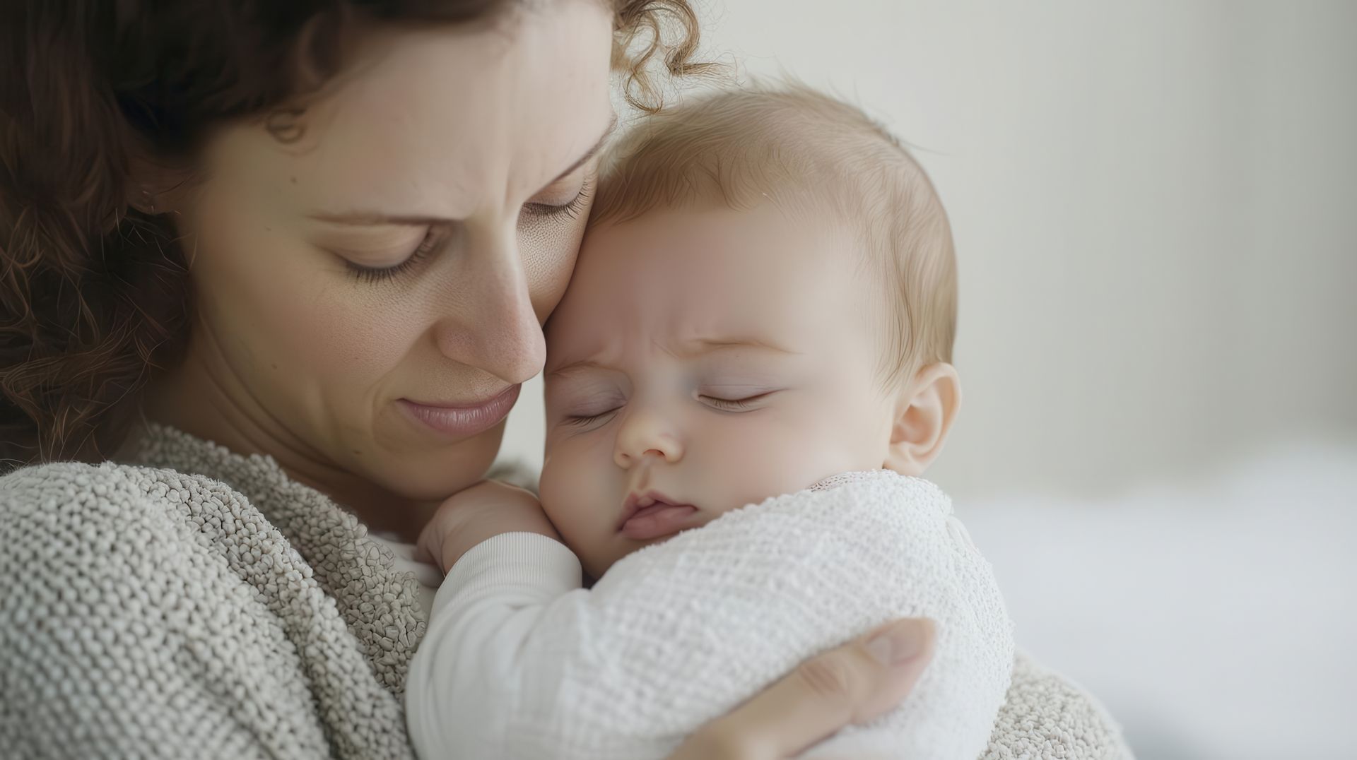 Woman gently holding a sleeping baby wrapped in a white blanket