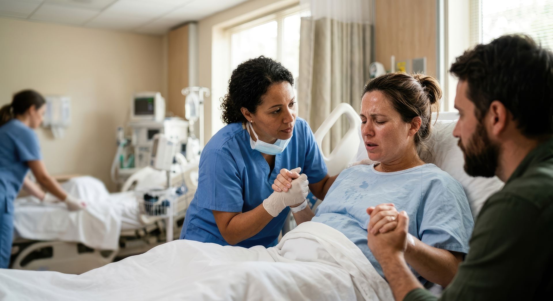 Nurse comforting a patient in a hospital bed while a visitor holds the patient’s hand nearby