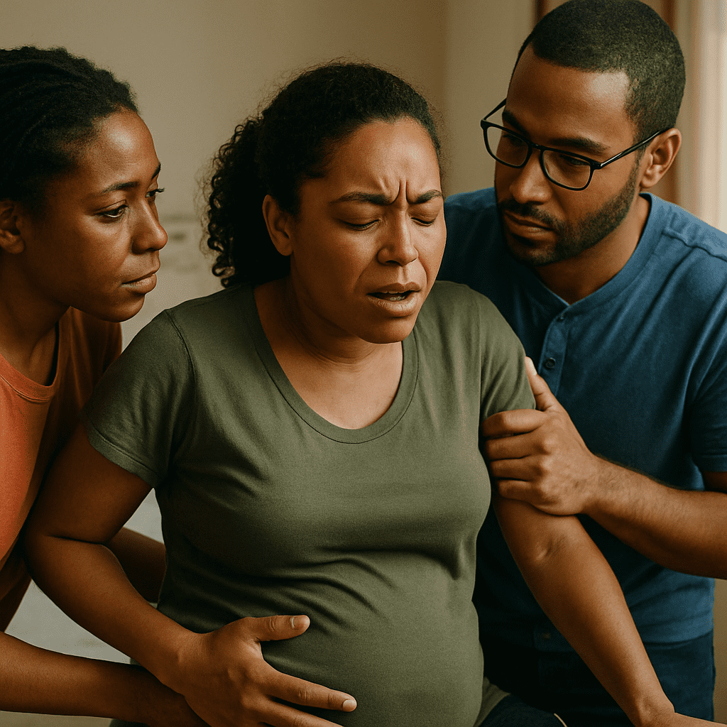 Three people comfort a distressed pregnant woman indoors